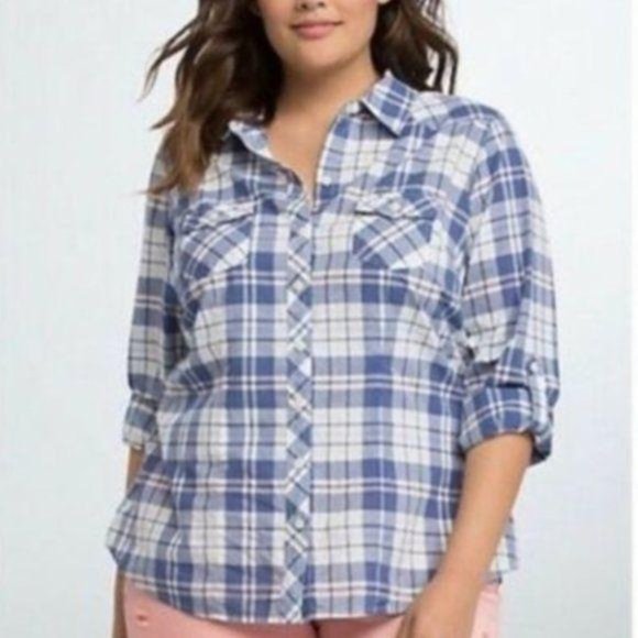 torrid Tops - Torrid / 5 / Blue Plaid Long Roll Sleeve Button Up
